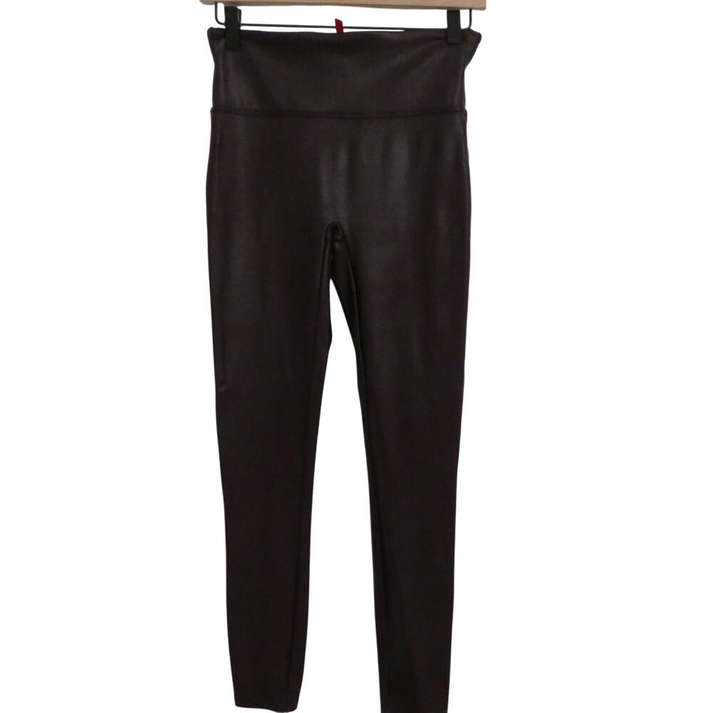 SPANX Womens Sz L Burgundy Faux Leather Leggings Sculpting High Rise Edgy
